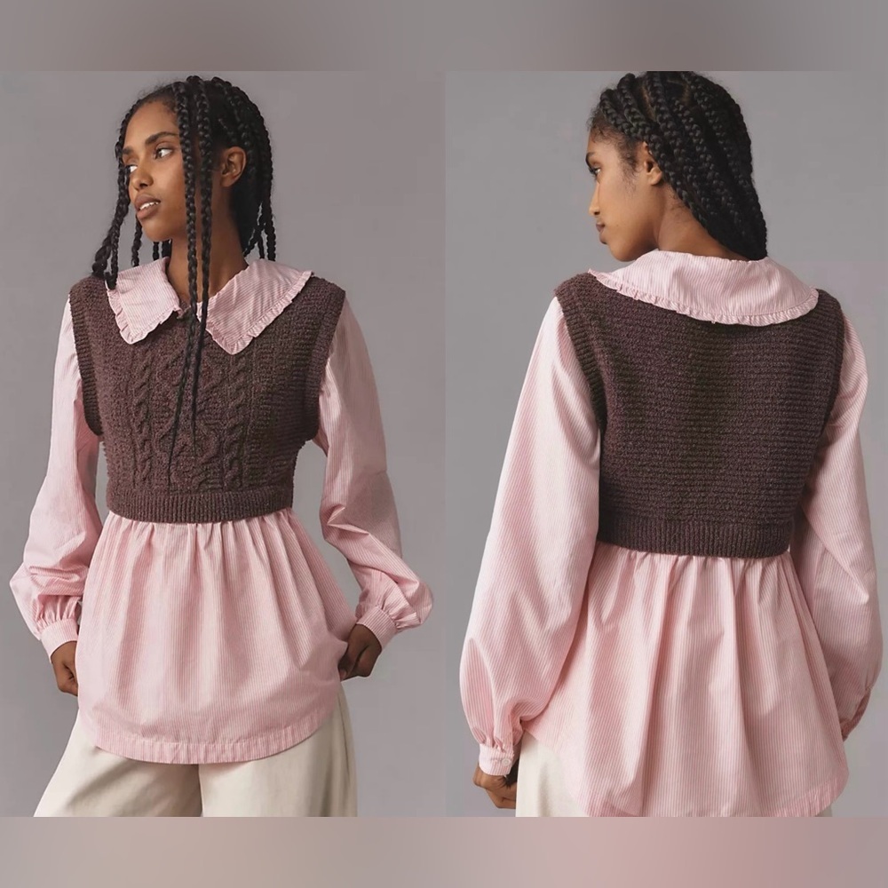 Maeve Collared Twofer Layered Sweater Vest Sz.S. Cable knit bodice, versatile